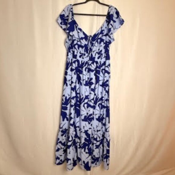 Nine West Blue White Floral Maxi Dress with Flutter Sleeve XL - Picture 3 of 9